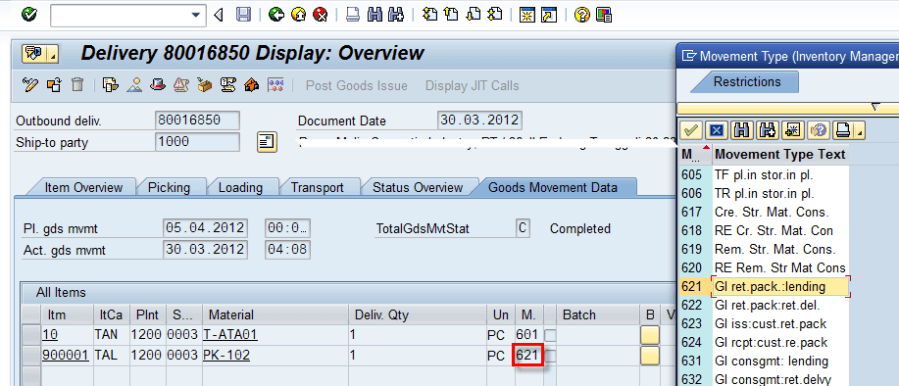 Movement Type of Packaging Material's Item Cat. Used