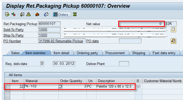 Display Sales Order of Returnable Packaging Pick Up