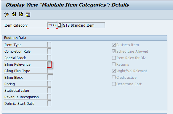 Setting of billing relevance in ItCa "ZTAN" Setting of billing relevance in ItCa "ZTAN"