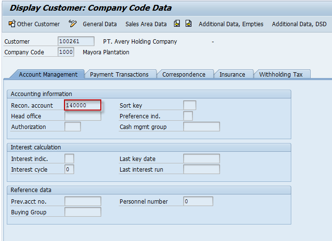 Default recon. account for customer 100261 is 140000