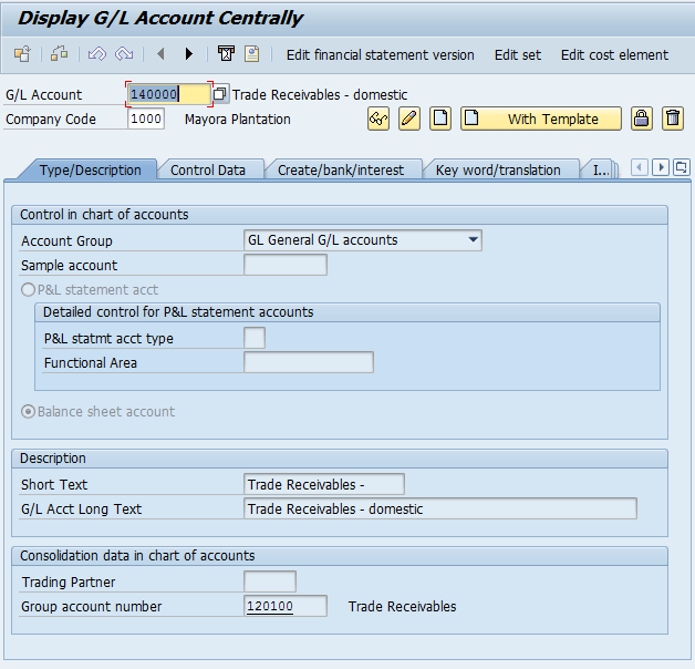 Display G/L 140000 in t-code FS00